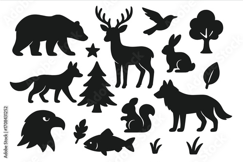 Simple nature and wildlife animal silhouettes collection, forest icons and woodland creatures vector illustration, transparent background set with trees, birds, fish, and mammals, black shapes