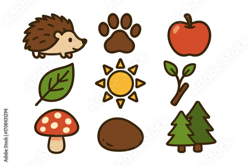 Cute simple nature icons set with cartoon hedgehog, animal paw print, red apple fruit, green leaf, sun, sprout, mushroom, stone and pine trees vector illustration transparent background