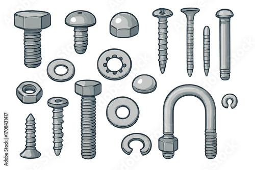 Variety of metallic fasteners including bolts, screws, washers, nuts, and U-bolt in different shapes and sizes for construction, engineering, repair, industrial uses, vector cartoon illustration