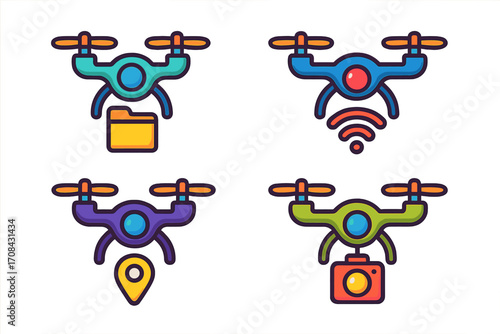 Modern colorful drone icons set with folder storage, Wi-Fi signal, location pin, and camera functionalities. Vector cartoon illustration for technology, delivery, navigation, and photography concepts.