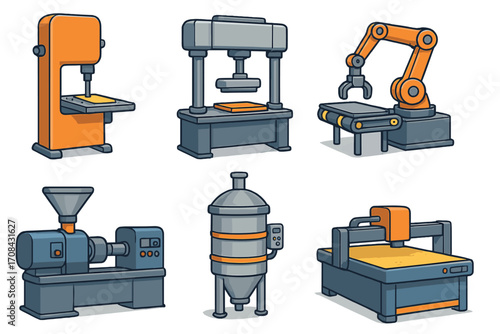Modern industrial equipment collection showcasing various factory machines for material processing, manufacturing technology, automation, and production line workflow, vector cartoon illustration