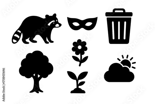 Silhouette icons set of raccoon, mask, trash bin, tree, flower, plant seedling, and sun behind cloud. Nature and environment elements. Vector cartoon illustration with transparent background.