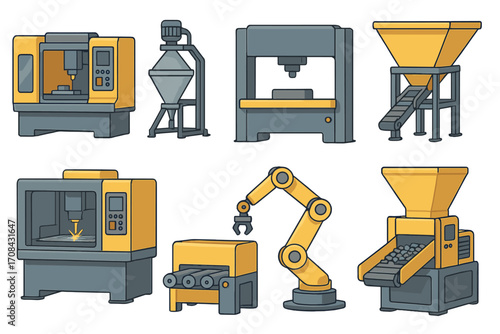 Modern industrial equipment collection showcasing various factory machines for material processing, machining, robotic arms, conveyor systems, and manufacturing technology, vector cartoon illustration