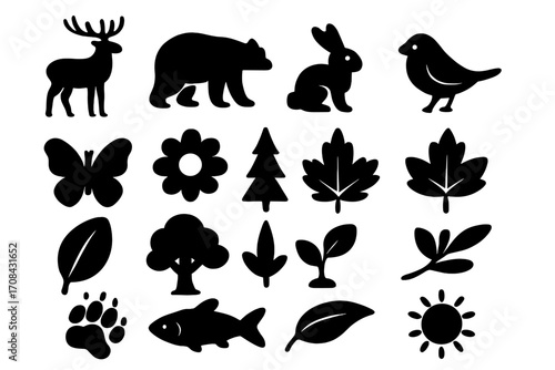 Nature icons set with silhouette animal and plant symbols for eco-friendly designs, vector cartoon illustration, transparent background, ordered collection of environment and wildlife graphics