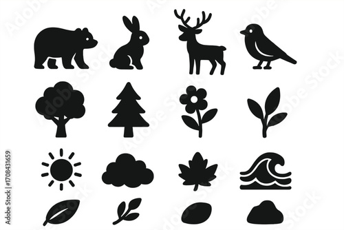 Silhouette nature icons set with animals, plants, and natural elements collection, vector cartoon illustrations in transparent background, ordered and versatile environmental symbols