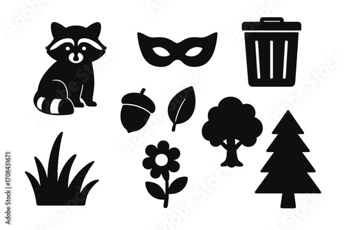 Silhouette raccoon icons with mask, trash bin, and nature elements set, vector cartoon illustration on transparent background, environmental wildlife concept, clean eco theme