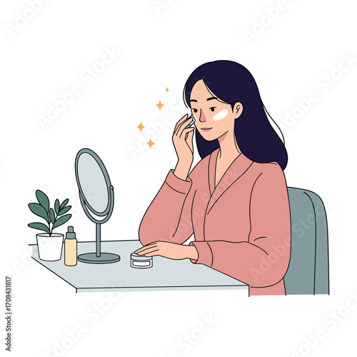 Skin care routine home vanity illustration indoor setting view beauty and wellness concept. Vector illustration