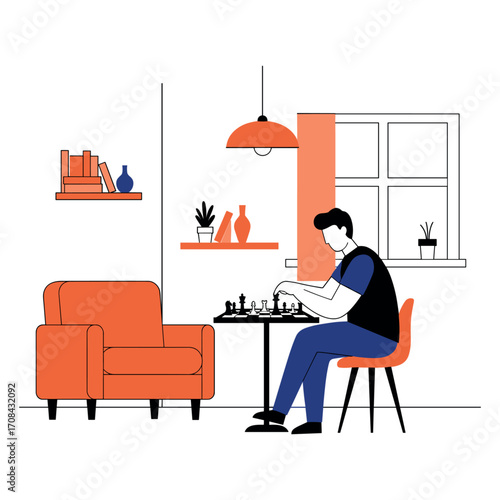 Strategic chess match cozy living room digital illustration indoor environment view mind games. Vector illustration
