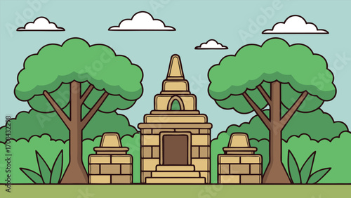 Ancient stone temple surrounded by trees and clouds