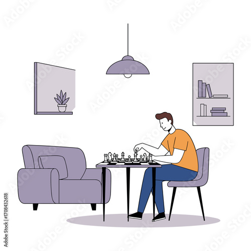 Chess game in modern living room indoor setting leisure activity focused viewpoint strategic thinking. Vector illustration