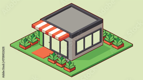 Modern cafe building with awning and plants isometric