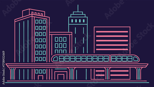 Neon city skyline with elevated train buildings architecture