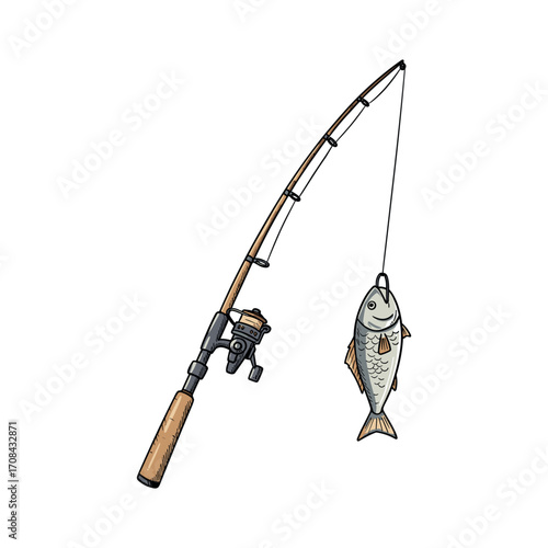 Fishing action with rod and caught fish outdoor lake illustration natural setting view hobbyist concept. Vector illustration
