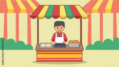 Smiling vendor preparing food at colorful stall street vendor