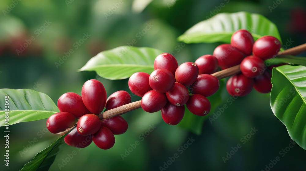 Fototapeta premium Coffee demand in emerging markets grows as ripe red coffee cherries cluster on branch with lush green leaves in natural light