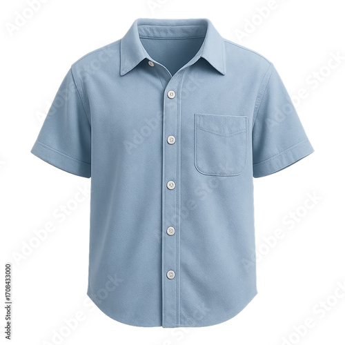Whimsical Digital Art - Classic Light Blue Short Sleeve Button-Up Shirt on White Background featuring vibrant fantasy elements, colorful lighting, and commercial-friendly cartoon compositions.