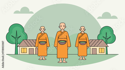 Three monks in orange robes barefoot bowls