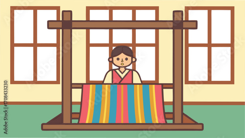 Woman weaving colorful fabric on loom textile