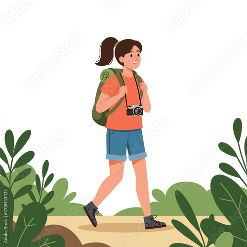 Adventure hiking journey nature trail digital illustration outdoor setting perspective on travel. Vector illustration