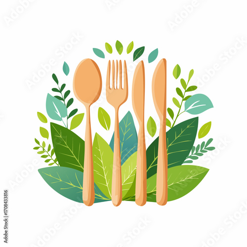 Wooden cutlery surrounded by green leaves eco friendly lifestyle sustainable eating