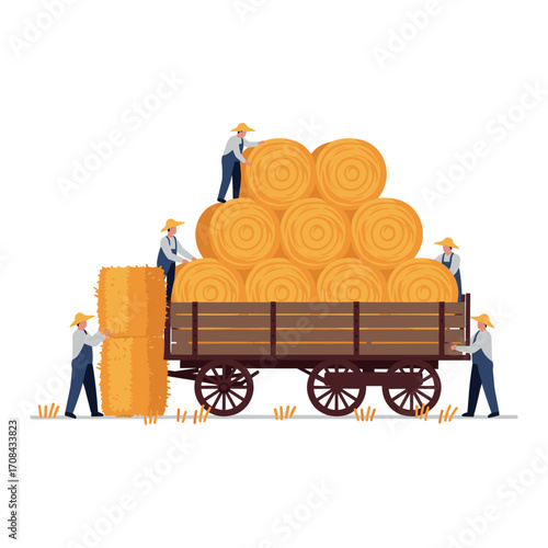 Harvesting bales of hay rural farm illustration countryside side view agriculture concept. Vector illustration