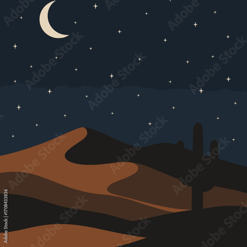 Desert landscape at night, minimalist design, crescent moon and stars, tranquil atmosphere, copy space