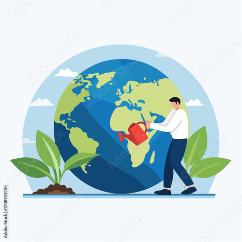 Man watering earth Globe with watering can Concept of environmental care and sustainability vector