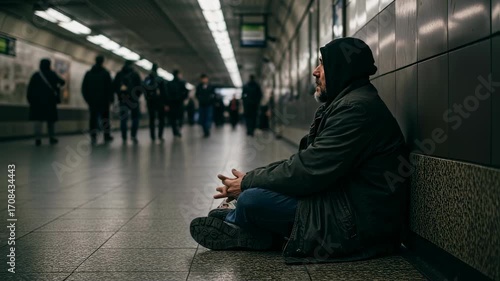A man sitting on floor begging with outstretched hand for money in an underground subway tunnel, people walking by, social issue footage.