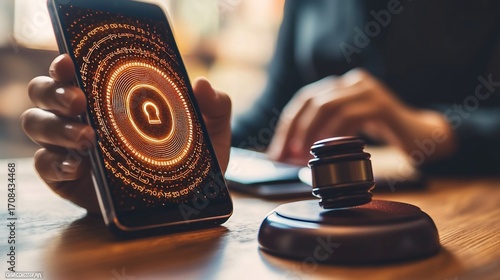A person holds a phone displaying a digital lock symbol near a gavel on a wooden table.  It suggests online legal processes or digital security in law