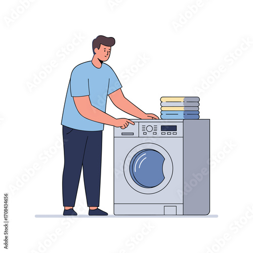 Man doing laundry at home domestic chores digital illustration clean environment side view household management. Vector illustration