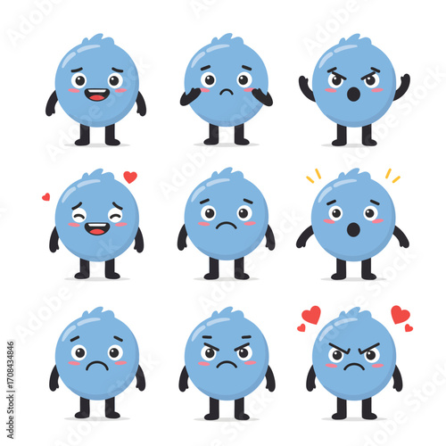 Cute blue cartoon character expressions