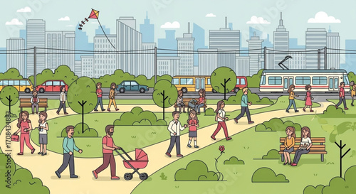 Diverse community enjoying a sunny day in a vibrant urban park with a cityscape background and public transport