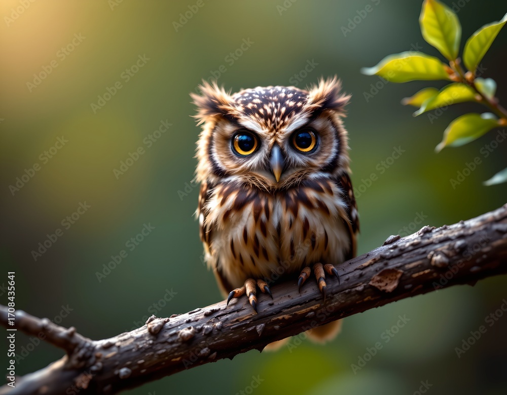 Obraz premium This is a close up image of an owl perched on a branch. The owl has distinctive feather patterns and is gazing to its right