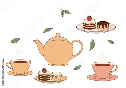 A delightful tea time with sweet pastries and steaming beverages.