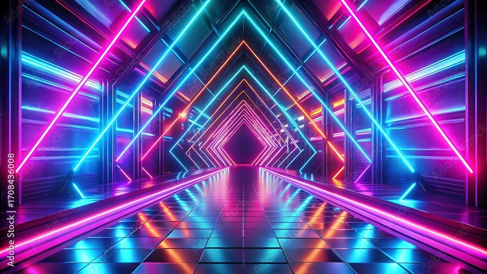 Obraz premium A futuristic tunnel with vibrant neon lights in pink, blue, and orange, creating a dynamic and energetic scifi atmosphere