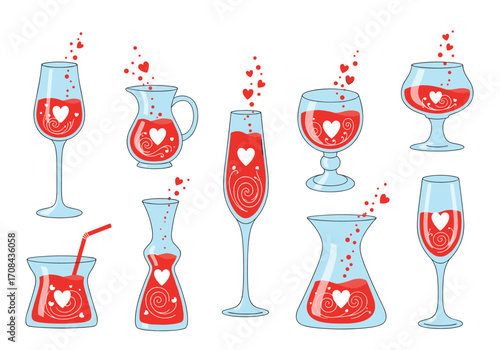 Set of nine romantic red drinks in glasses with heart decorations and bubbles.
