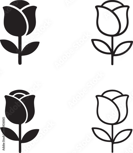 Rose icons set,black rose icons,flower icons,solid silhouette,line art outline,filled minimal style,thin stroke outline,isolated vector design for romance and decoration use