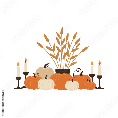 Autumn harvest celebration with pumpkins and candles cozy home decor still life arrangement warm atmosphere. Vector illustration