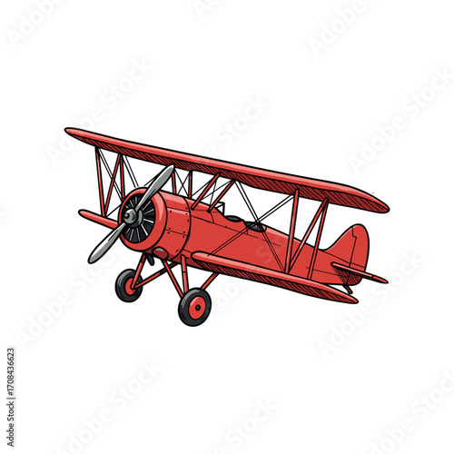 Flying action of a vintage red biplane in an open sky environment with a dynamic viewpoint. Vector illustration