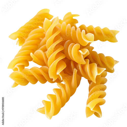 Close up of uncooked yellow fusilli pasta spirals isolated on a plain white background with care