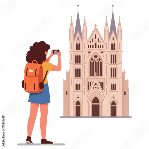 Tourist taking photo of historic cathedral city square illustration urban side view travel inspiration. Vector illustration