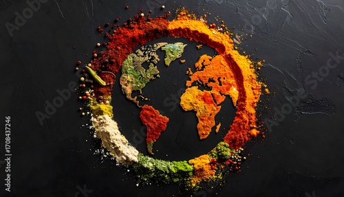 view of spilled colorful spices on a black surface forming a globe