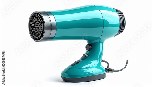 Turquoise electric hair dryer with white buttons.
