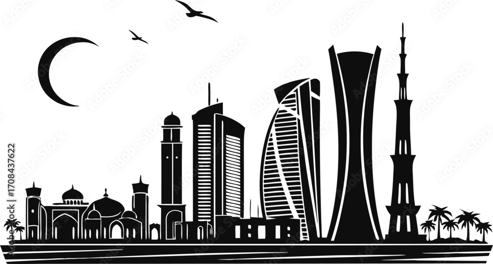 Obraz premium Vector art of kuwait city skyline vector illustration with modern architecture and moon design