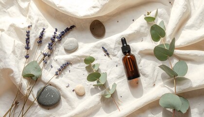 Aesthetic background with scattered eucalyptus leaves, dried lavender, smooth