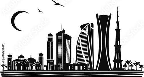 Vector art of kuwait city skyline vector illustration with modern architecture and moon design
