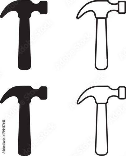 Hammer icons set,black hammer icons,tool icons,solid silhouette,line art outline,filled minimal style,thin stroke outline,isolated vector design for construction and repair work