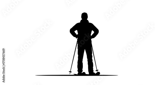Confident skier poised for adventure, ready to carve down snowy slopes with ski poles