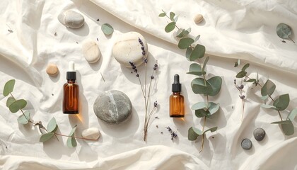 Aesthetic background with scattered eucalyptus leaves, dried lavender, smooth