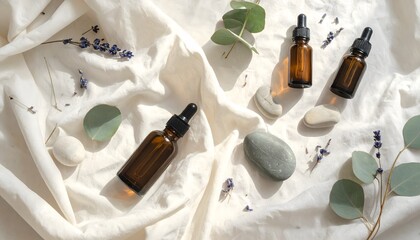 Aesthetic background with scattered eucalyptus leaves, dried lavender, smooth